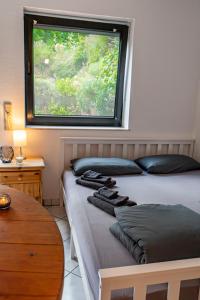 a bedroom with two beds and a window at Studio mit Terrasse bei Frankfurt in Bad Vilbel