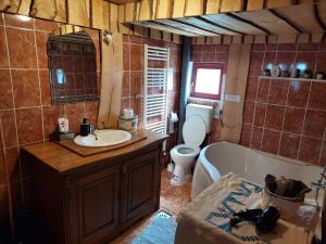 a bathroom with a tub and a toilet and a sink at Cabana Mareea -Lunca Bradului in Lunca Bradului +43 photos