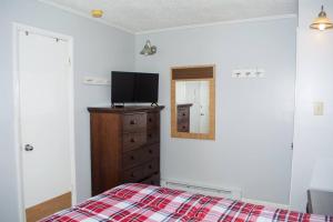 a bedroom with a bed and a television on a dresser at Winterplace Condos - Ski in Ski out E104 in Ghent