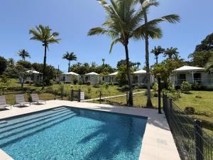 a swimming pool with palm trees and houses at Domaine de la Glacière in Petit-Bourg