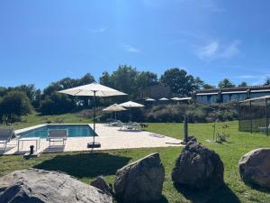 a swimming pool with umbrellas and rocks in a yard at Podere l'Alfina B&B - Bio Agriturismo in Castel Giorgio