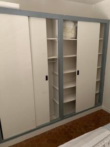 勒卡特港Appartement F2 agréable avec terrasse的带玻璃门和架子的步入式衣橱