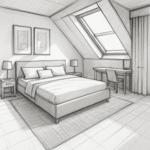 a drawing of a bedroom with a bed and a table at Oysters & Bubbles Gastro Rooms Rynek Square in Poznań