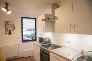 a kitchen with a sink and a microwave at Ferienwohnung im Allgäu-sonnigen Balkon und Alpenpanorama, 5 min zum See in Blaichach