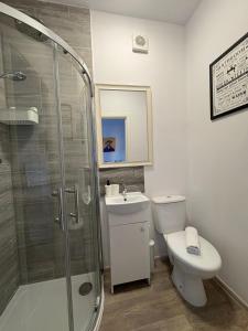 une salle de bain avec une douche, des toilettes et un lavabo dans l'établissement Peterborough Modern Studio 6, à Peterborough