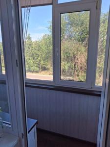 two windows in a room with a view of trees at Уютная 2-х комнатная квартира in Rudny