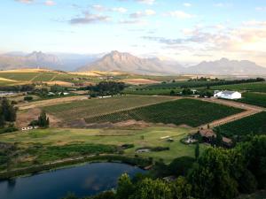 斯泰伦博斯The Log Collective的葡萄园与湖泊和山脉的鸟瞰图