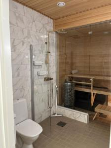 ein Badezimmer mit Dusche, Toilette und Waschbecken in der Unterkunft Aurora apartment in Rovaniemi