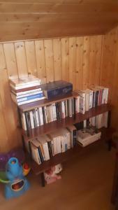 une étagère remplie de livres dans une pièce dans l'établissement Chalet coocooning, à Marlens