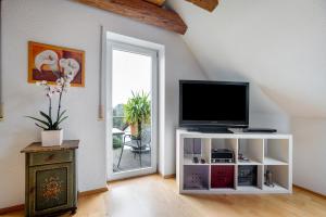 a living room with a television on a white cabinet at Ferienwohnung Goelz in Bad Schussenried