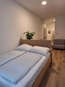 a bedroom with a bed with blue and white pillows at Apartment im Stadtzentrum in Steyr