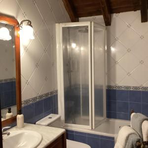 un baño con ducha y lavabo en Eseverry Bosque Irati, en Jaurrieta