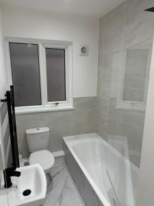 a bathroom with a tub and a toilet and a sink at Not Open in Llwyn-y-pia