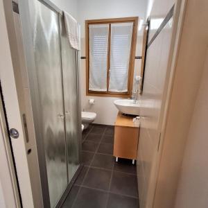 卡斯特努沃德加尔达Villa Montalto Castelnuovo del Garda的带淋浴、水槽和马桶的浴室