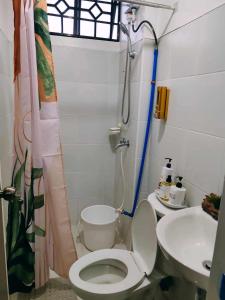 a bathroom with a shower and a toilet and a sink at Cambridge cozy 2BR condo in San Andres +7 photos