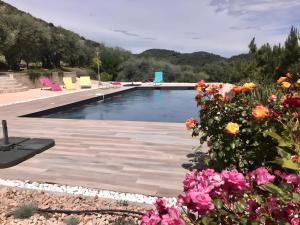 a swimming pool with flowers in front of it at Villa Luxe – Vues panoramiques in Volx