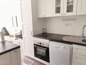 eine weiße Küche mit Spüle und Geschirrspüler in der Unterkunft Studio cosy au pied des pistes pour 4 personnes, balcon, cœur de station, proche activités - FR-1-292-185 in Isola