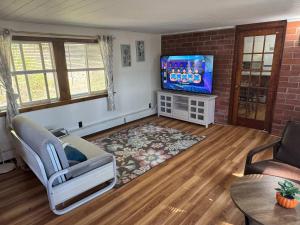 a living room with a couch and a television at Naples Village Retreat - Heart of the Lakes Region in Naples
