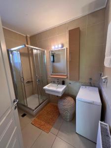 un bagno con doccia, lavandino e WC di Villa Mare a Pefkohori
