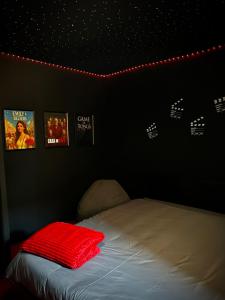 ein Schlafzimmer mit einem Bett mit einem roten Kissen in der Unterkunft Béziers - 4 couchages - Spa & billard in Béziers