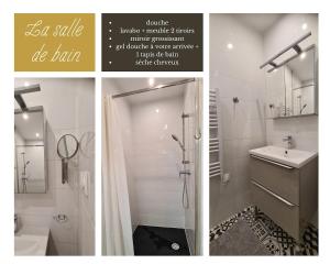 a collage of two pictures of a bathroom with a shower at Velours 2, Spacieux, cozy, moderne in Tournus