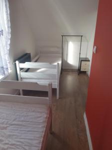 苏尔茨兹诺Domek na zboczu Kistowo z Balią的有两张床和一面镜子的房间