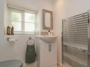 une salle de bain avec un lavabo, des toilettes et un miroir dans l'établissement Honeysuckle Cottage, à Oswaldkirk 20 autres photos