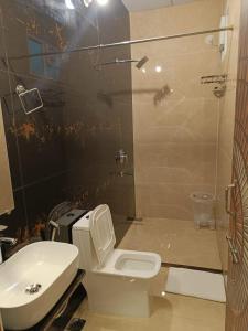 a bathroom with a toilet and a sink and a shower at Virasat Haveli - A Heritage Boutique Hotel in Sawāi Mādhopur