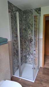 Una ducha de cristal con un diseño en la pared. en Ferienhof Reiter, en Petting