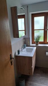 Un baño con lavabo, espejo y ventana. en Ferienhof Reiter, en Petting