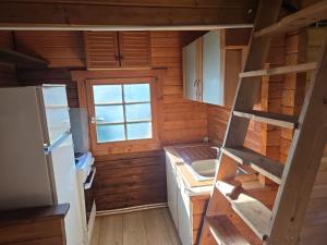 Una pequeña cocina con fregadero y refrigerador. en Gartenhäuschen, en Ansbach