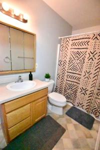 クリーブランドにあるTremont Apartmentの洗面台、トイレ、鏡のあるバスルーム