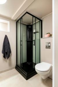 Un baño con ducha de cristal con inodoro. en Modern basement apartment, en Stavanger