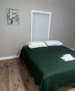 a bedroom with a green bed with a window at Mins to Downtown, Hospital, Airport in Greenville