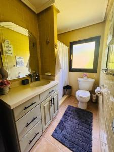 Un baño con inodoro, lavabo y espejo. en Essenz Bahía, en El Níspero