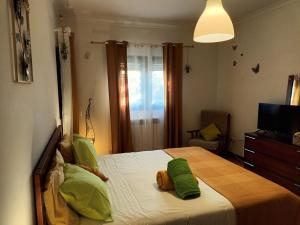 BarreiraにあるCasa da Risca Amarelaのベッドルーム1室(緑の枕が付いたベッド1台付)