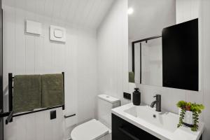 ein Badezimmer mit Toilette, Waschbecken und Spiegel in der Unterkunft Kauri Luxury Villa Queenstown in Queenstown Airport + 11 Fotos