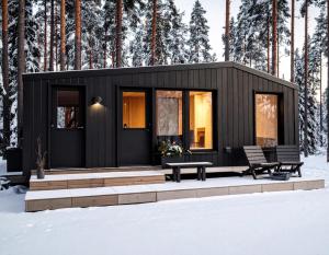 a black tiny house in the woods in the snow at Yllas Cabin for Adventures and Remote Work in Ylläsjärvi