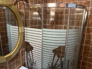 a shower in a bathroom with a mirror at AAgift Apartments in Ibadan