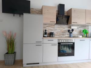 a kitchen with white cabinets and an oven at Ferienwohnungen Birgit in Leibnitz