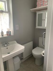 a white bathroom with a sink and a toilet at Chatterbox Cottage in Templeathea West +11 photos