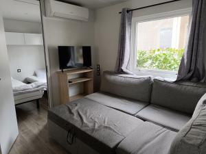 salon z kanapą i oknem w obiekcie Mobilhome aux dunes de contis w mieście Saint-Julien-en-Born