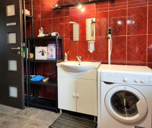 a bathroom with a washing machine and a sink at The Nomads Nest - Old Town in Bucharest