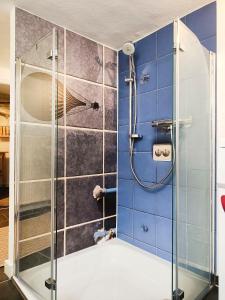 a bathroom with a shower with blue tiles at petite chambre in Halle an der Saale