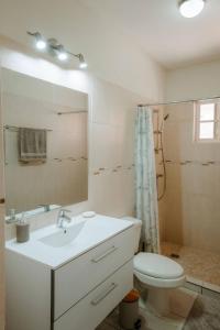 a bathroom with a sink and a toilet and a mirror at Casa del Sol, 2-Bedroom Home Near Palm Beach in Noord