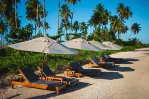 a row of umbrellas and lounge chairs on a beach at Tuju Boutique Hotel in São Miguel dos Milagres