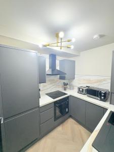 a kitchen with stainless steel appliances and blue cabinets at F1 2BR Free Parking Walk Dist CityC in Glasgow