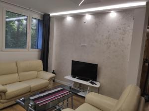 a living room with a couch and a tv at Parkside retreat in Belgrade