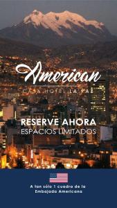 a poster of a city with a mountain in the background at American - Casa Hotel in La Paz