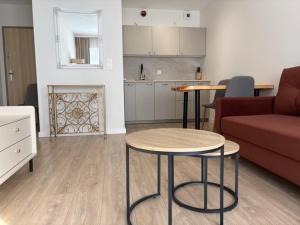 a living room with a couch and a table at Premium Apartament Koronowska 40m2 in Bydgoszcz